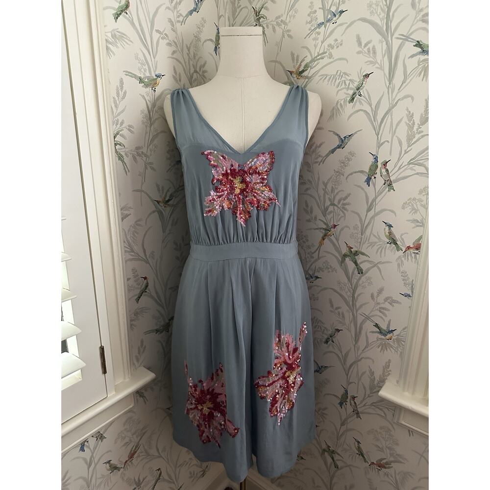 Anthropologie blue-Grey Midi Dress with Pink Floral Embellishments